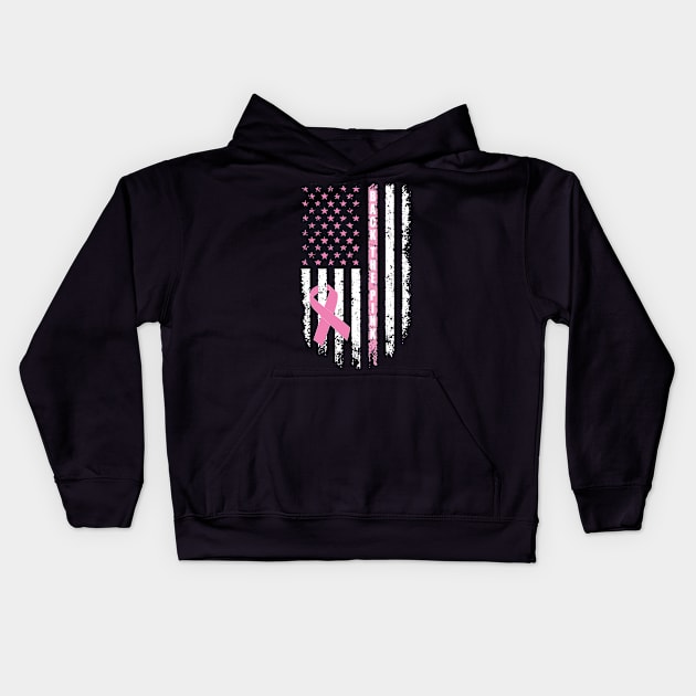 Back The Pink Ribbon American Flag Breast Cancer Awareness Kids Hoodie by PsychoDynamics